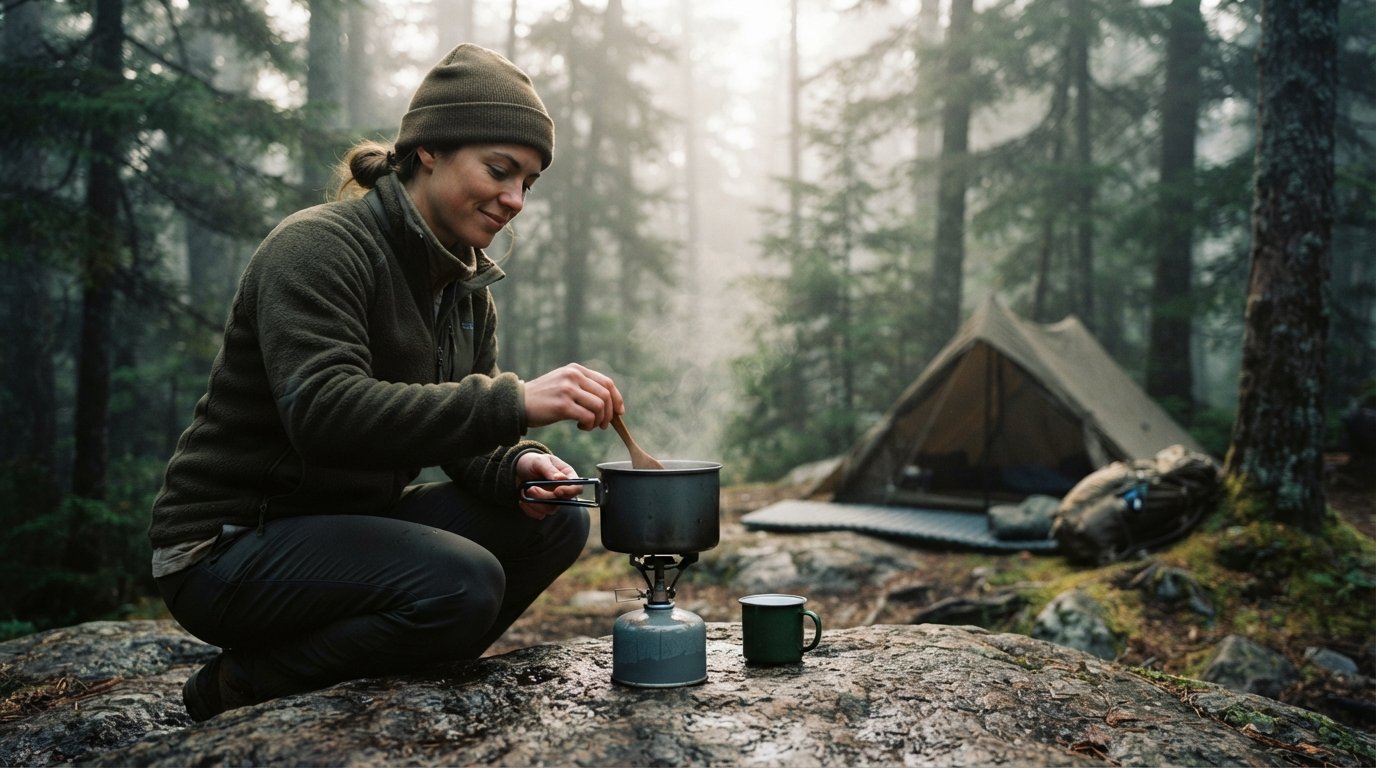 A person preparing a warm drink at a campsite with a camping stove.