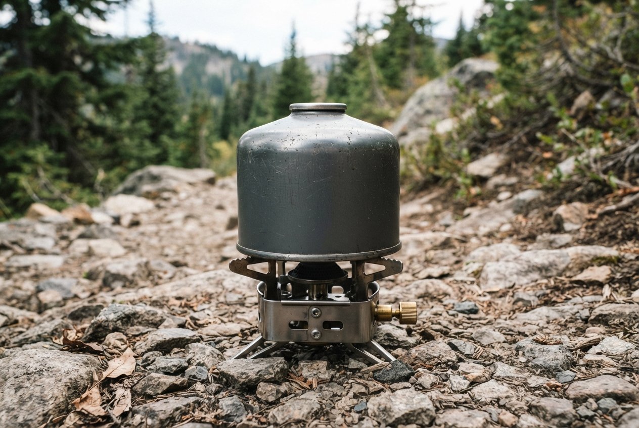 A close-up of a metal camping stove base on a rocky surface.