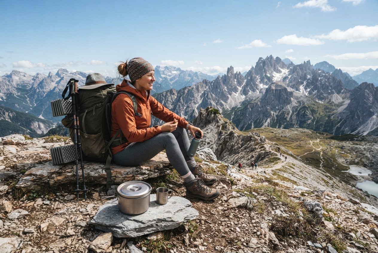 A hiker resting on a ridge with outdoor cooking gear nearby.