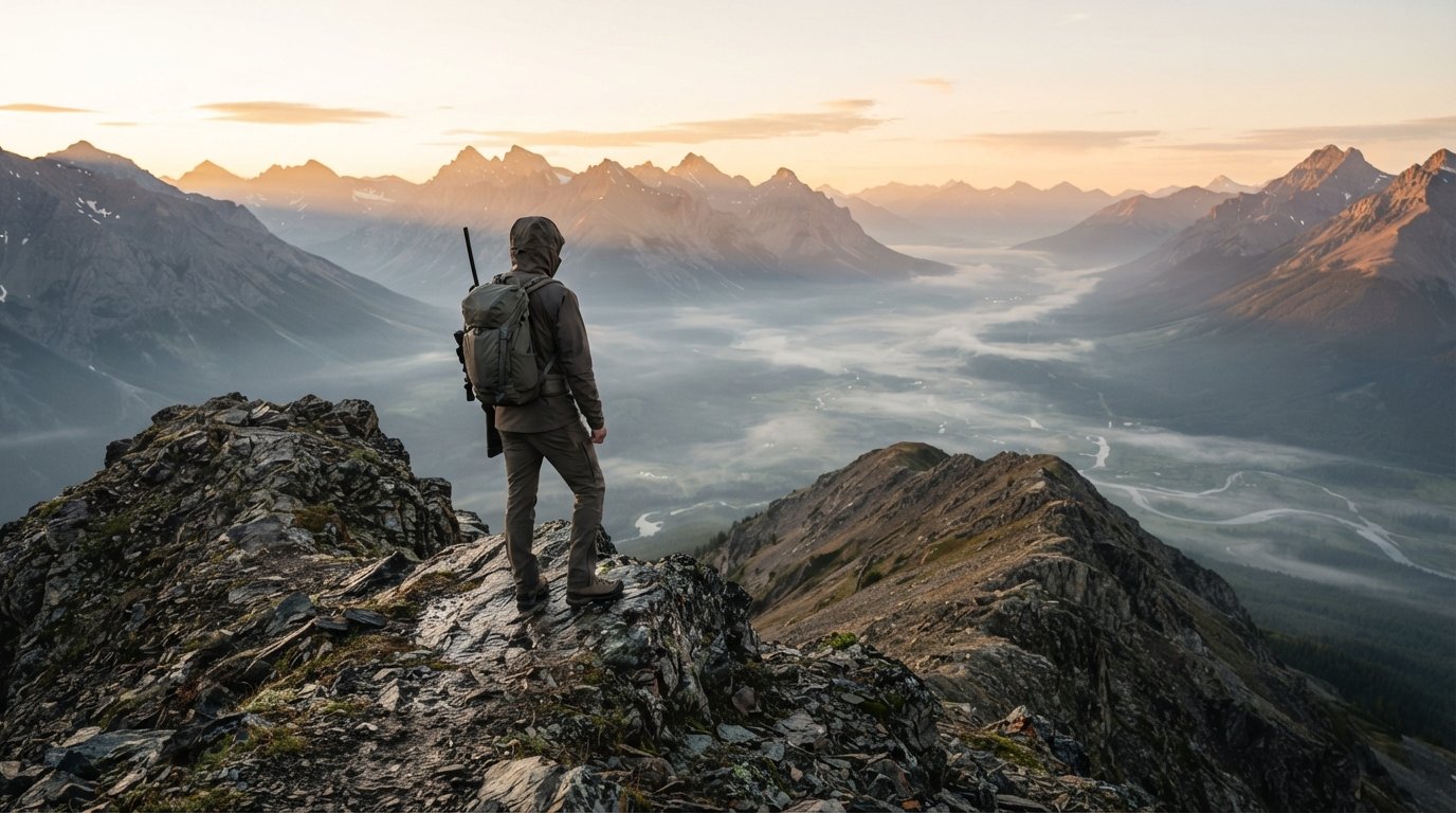 An outdoor enthusiast standing on a mountain ridge at sunrise wearing a technical soft shell jacket.