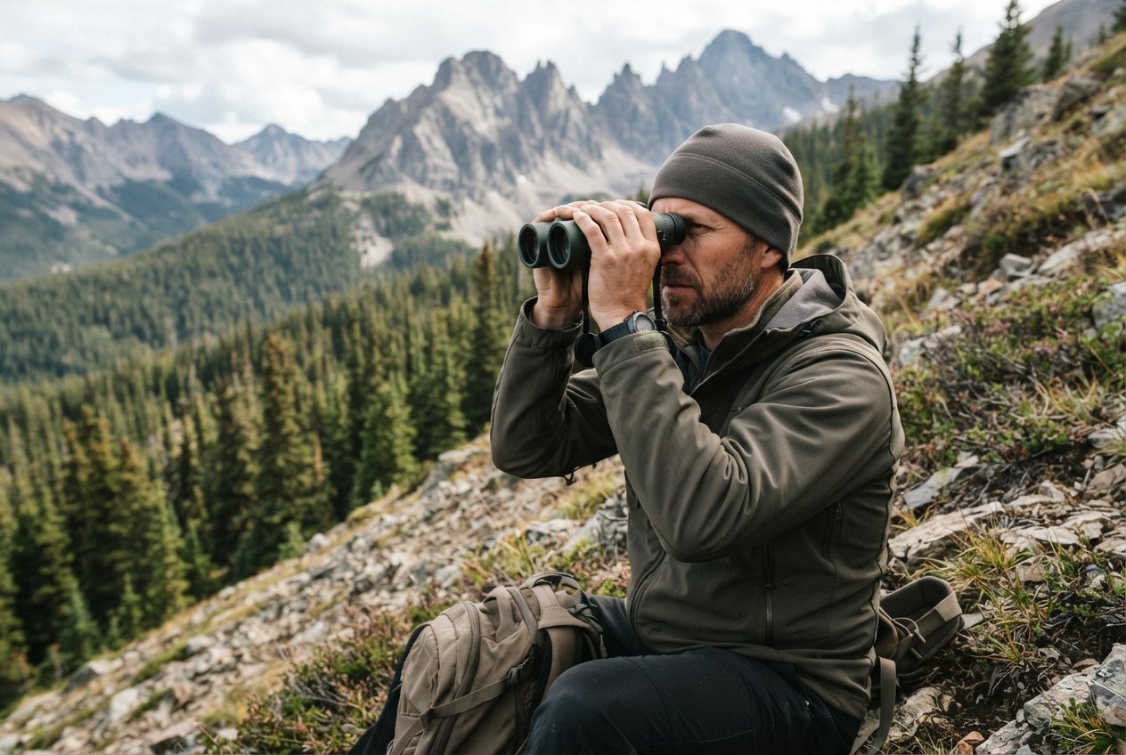 A hiker looking through binoculars while on a windy mountain slope.