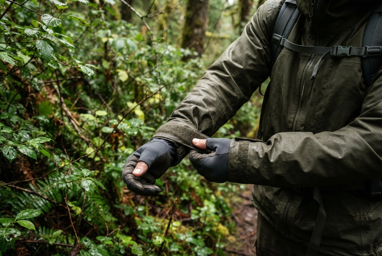 A close-up of a person adjusting their jacket sleeve in a wooded environment.