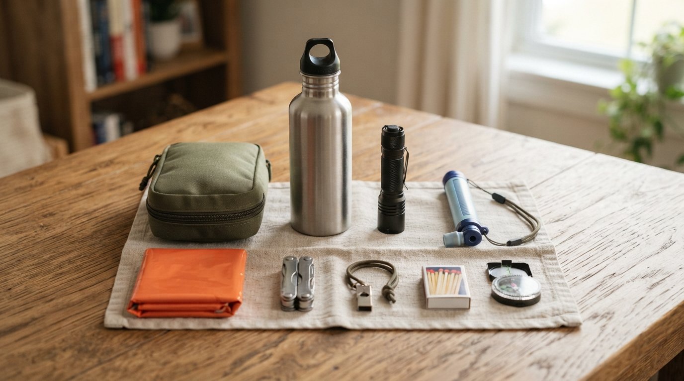 An organized emergency kit containing various survival supplies including a water filtration straw on a table.