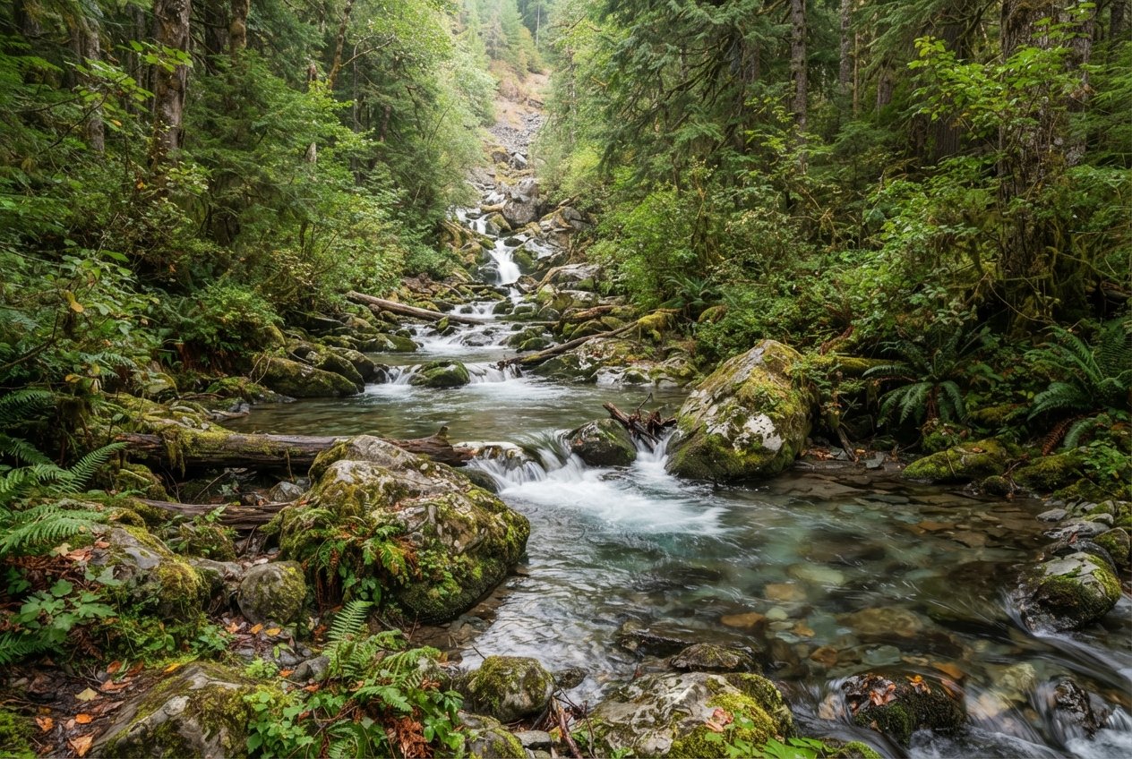 A clear forest stream flowing over stones.