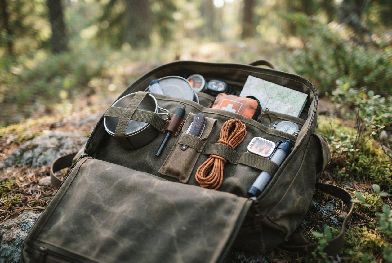 Close-up of the interior of a survival bag with organized outdoor gear.