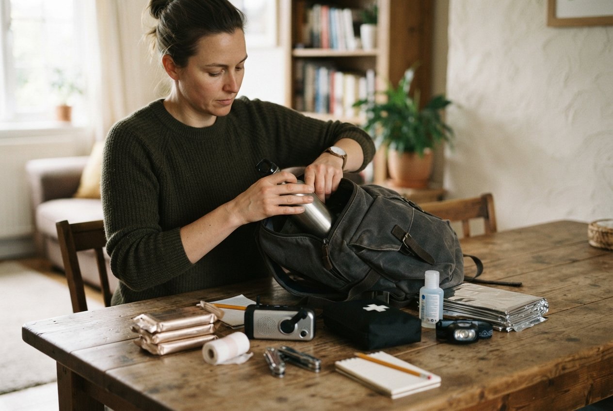 Person packing a backpack with essential emergency supplies.