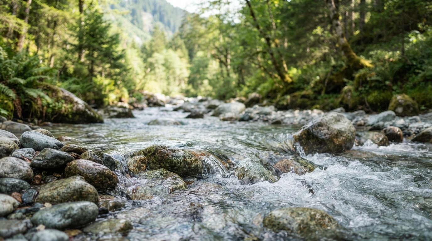 A clear mountain stream flowing over stones in a forest setting.