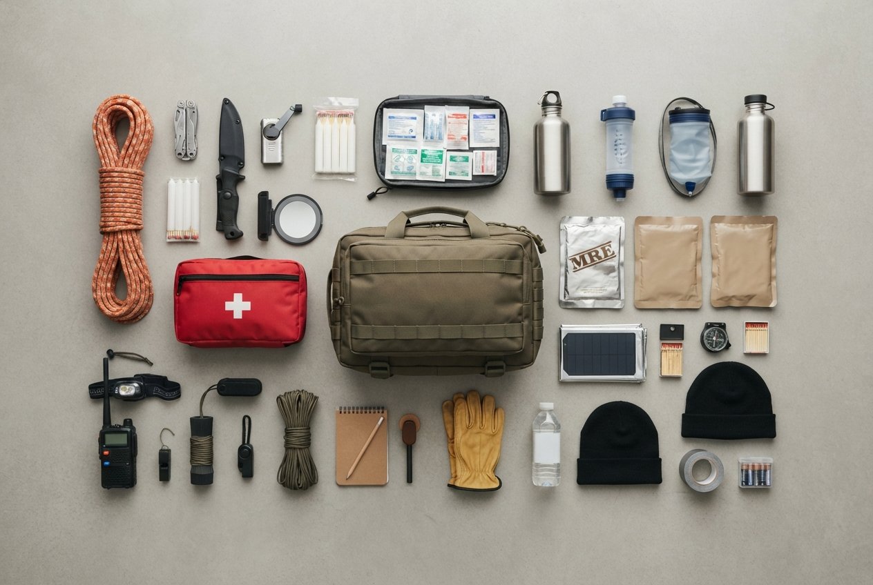 An organized collection of various emergency supplies and outdoor gear.