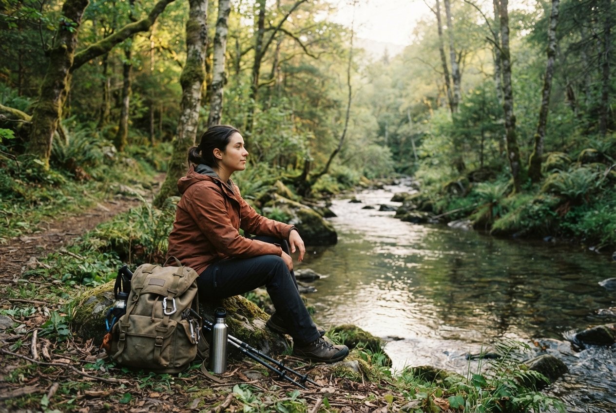 A hiker taking a break near a natural water source in the woods.