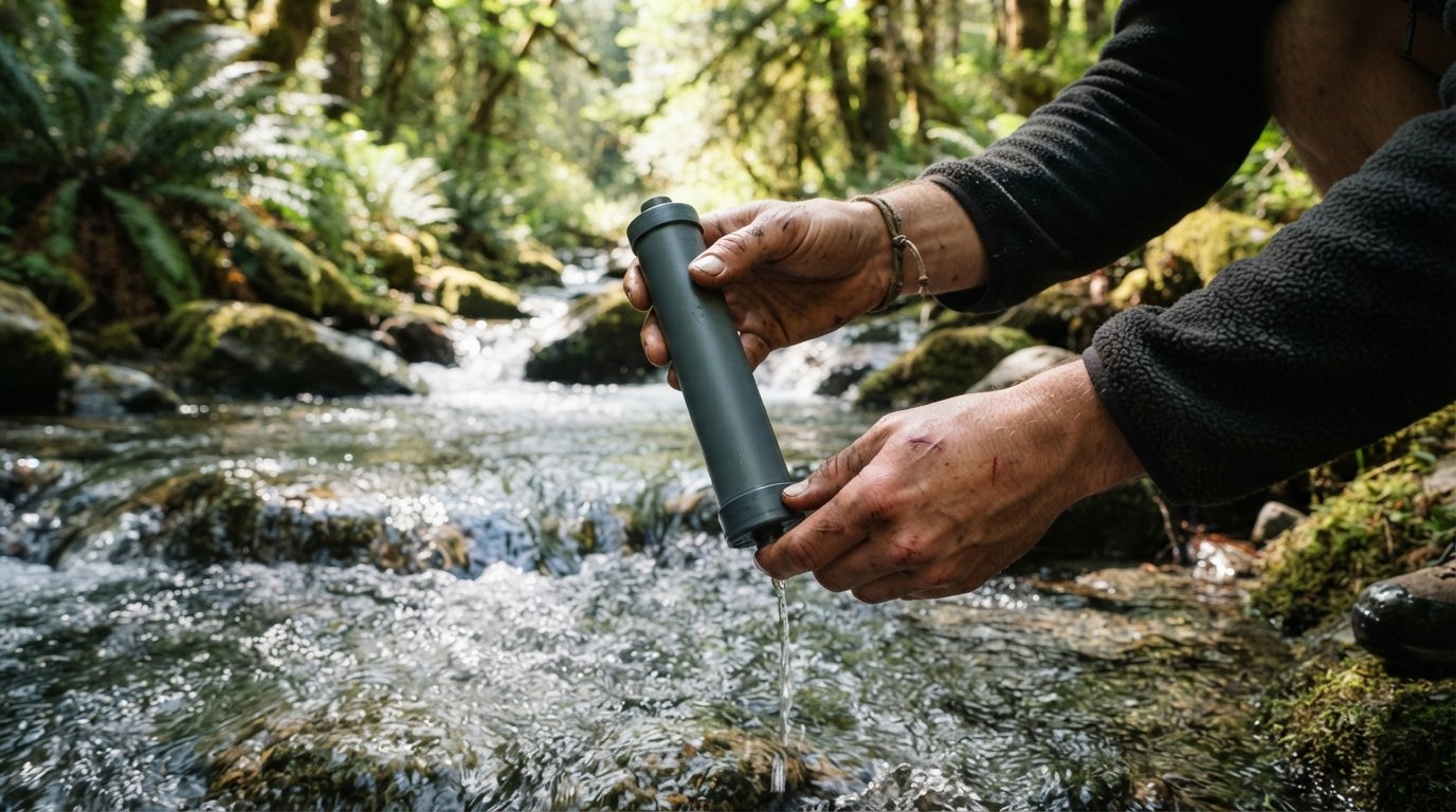 A hiker preparing to use a portable filtration straw near a mountain stream.