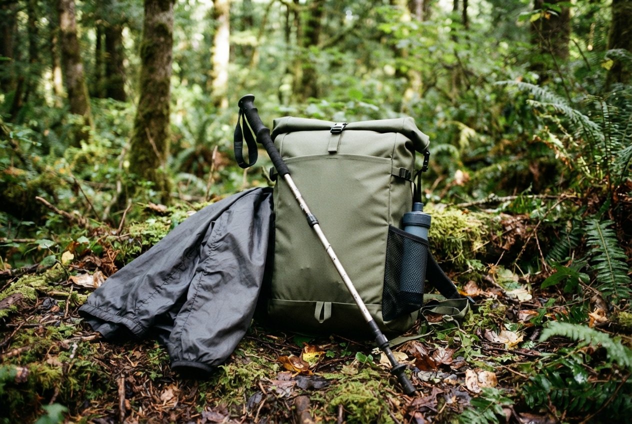 Ultralight hiking gear spread out on a trail, focusing on a compact water filter.