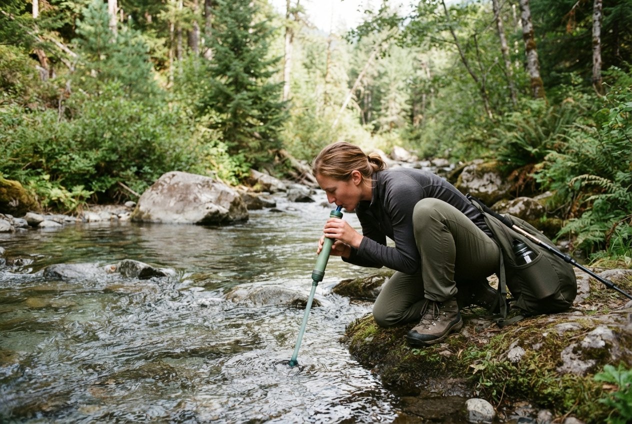 A person kneeling at a stream to drink from a water filter straw.