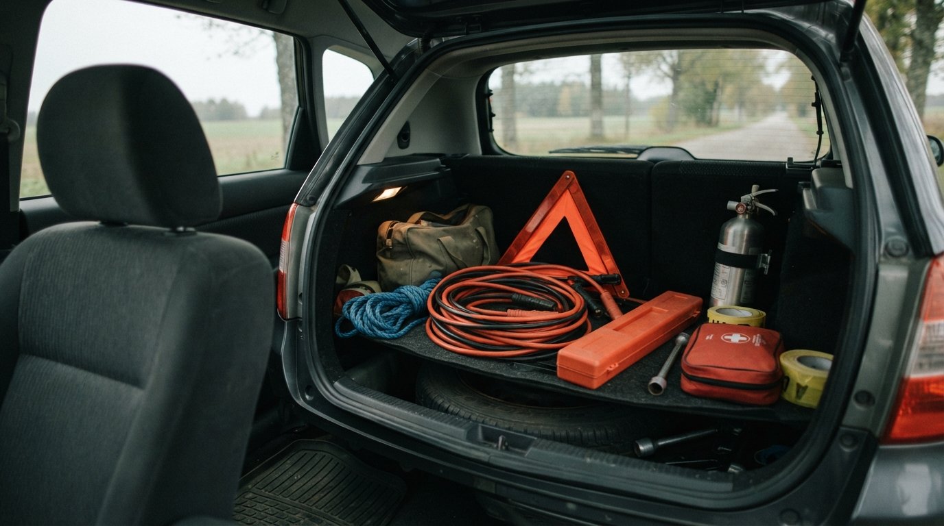 An open vehicle trunk containing emergency roadside equipment.