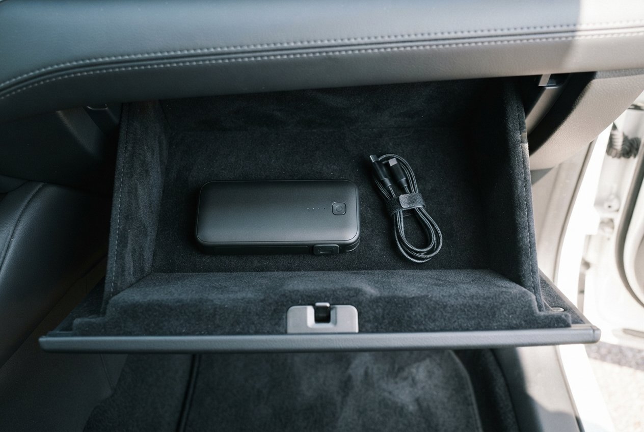 A compact portable power device stored in a glove box.