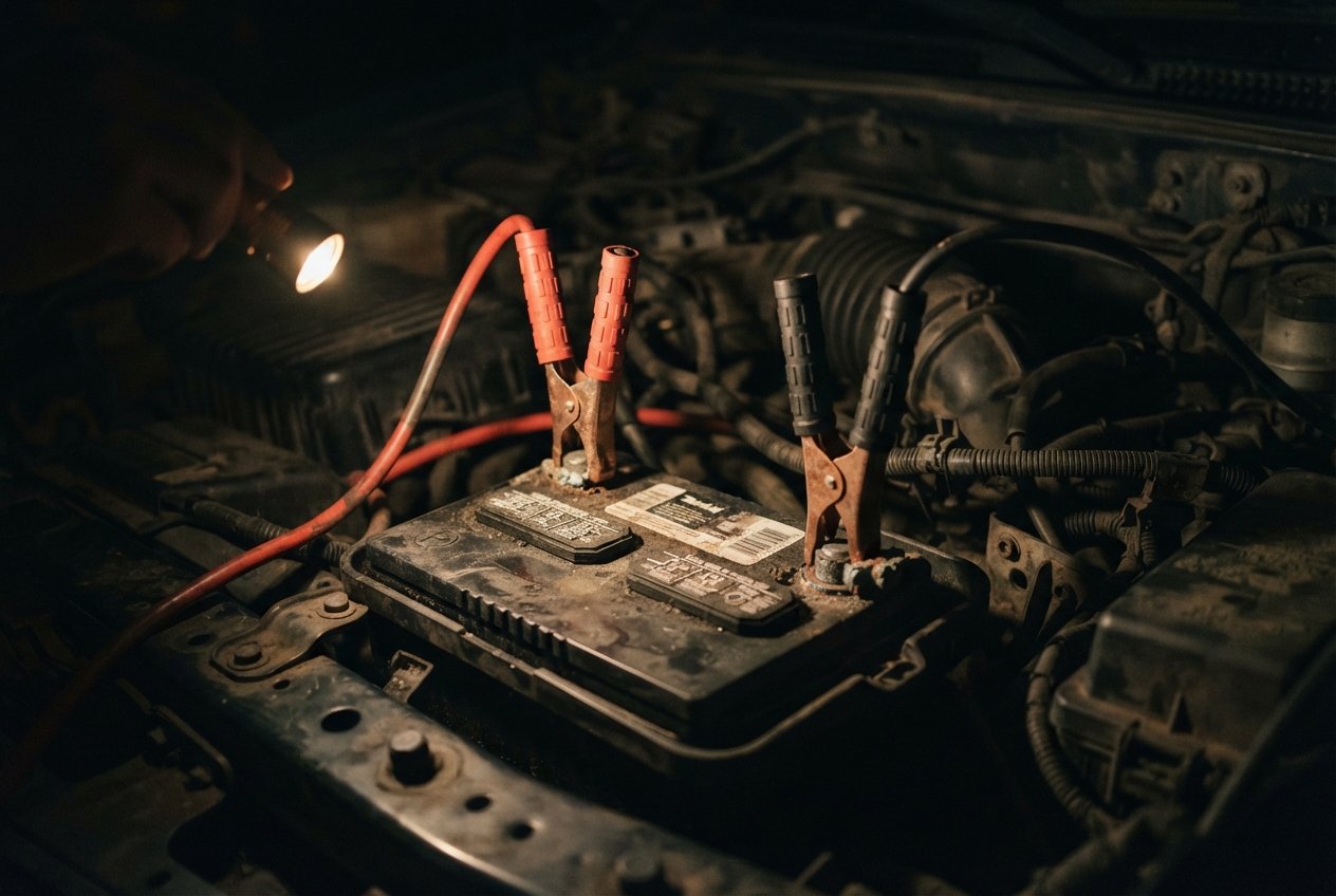 Jumper cable clamps connected to a vehicle battery at night.