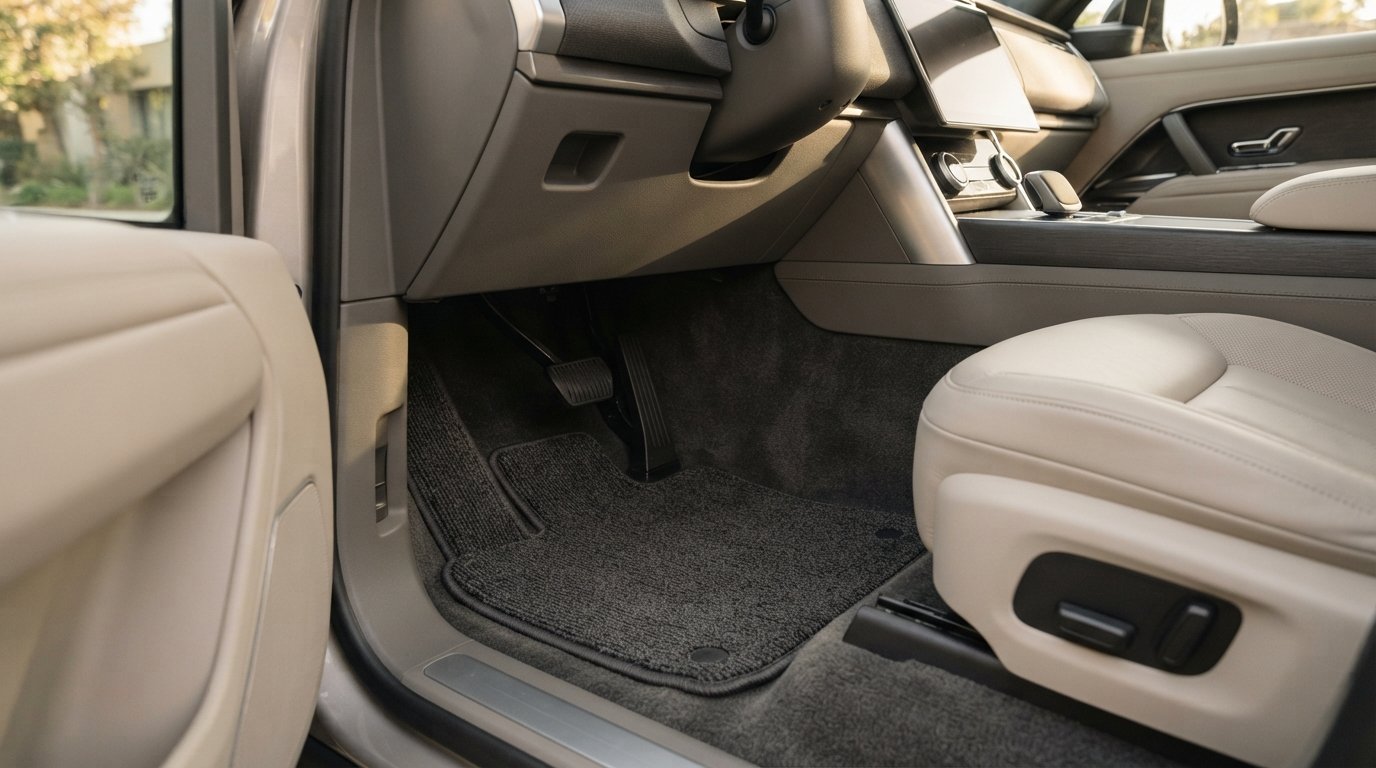 Close-up of a clean car interior floor and seating area under soft sunlight.