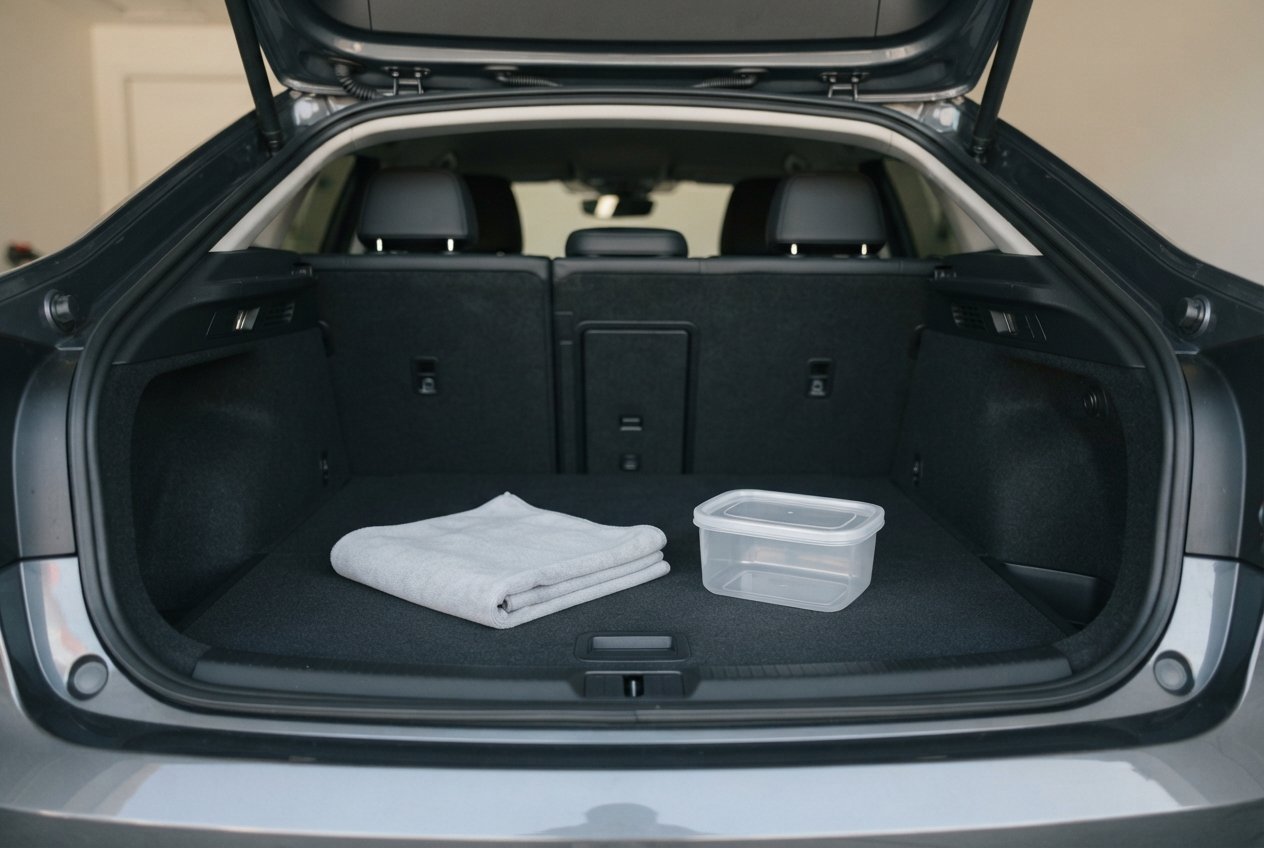 Minimalist composition of cleaning supplies stored in a car trunk.