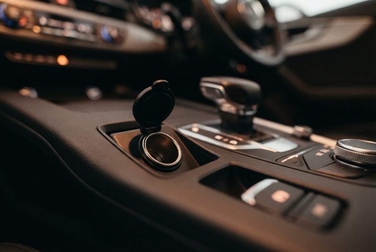 Close-up of an empty 12V auxiliary power outlet in a vehicle console.