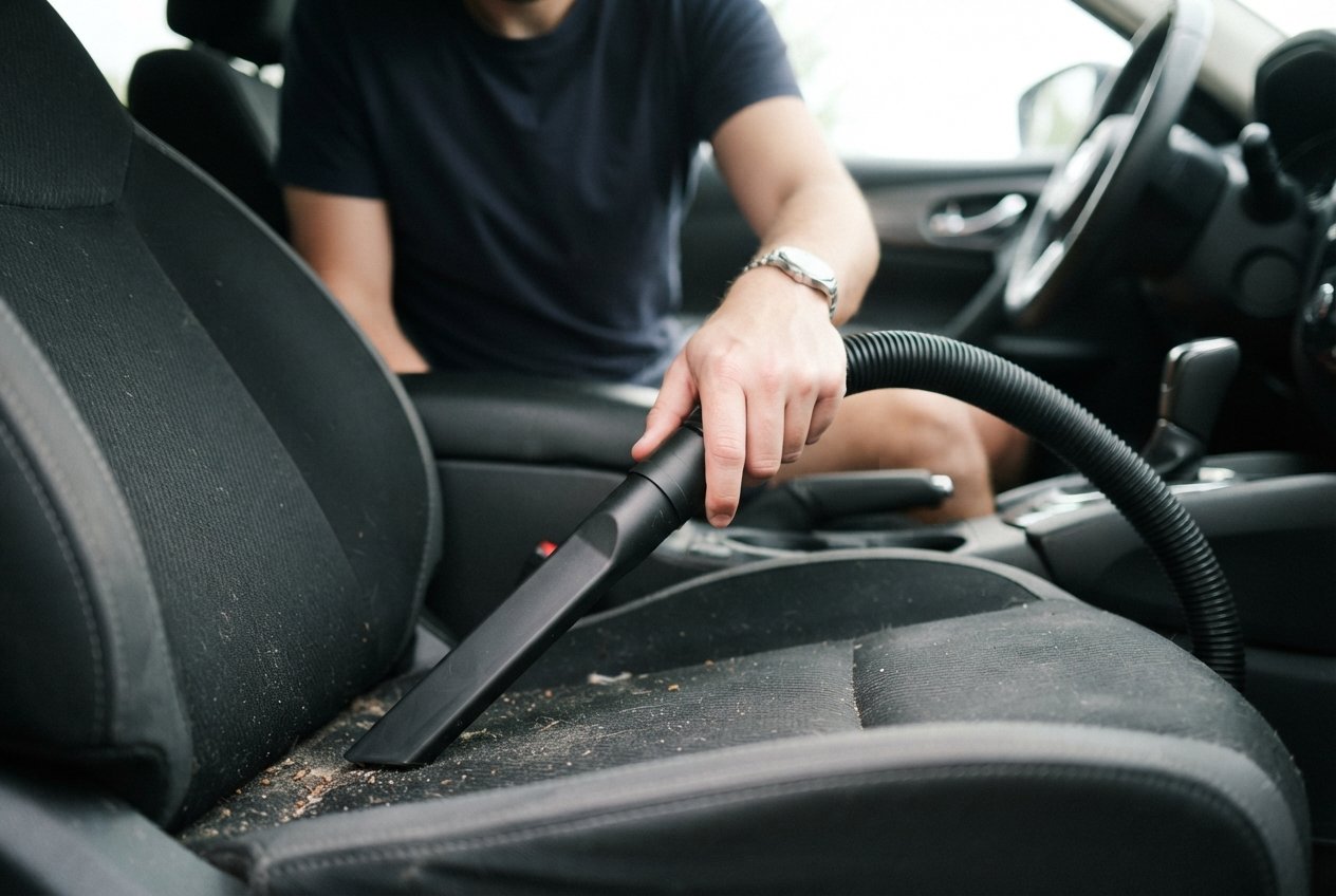 Hand holding a generic crevice tool cleaning a car seat surface.