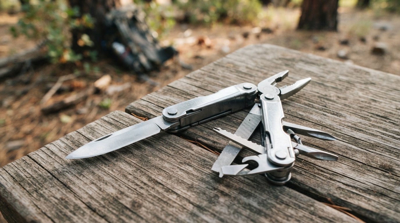 A classic stainless steel multi-tool open on a wooden table at a campsite.