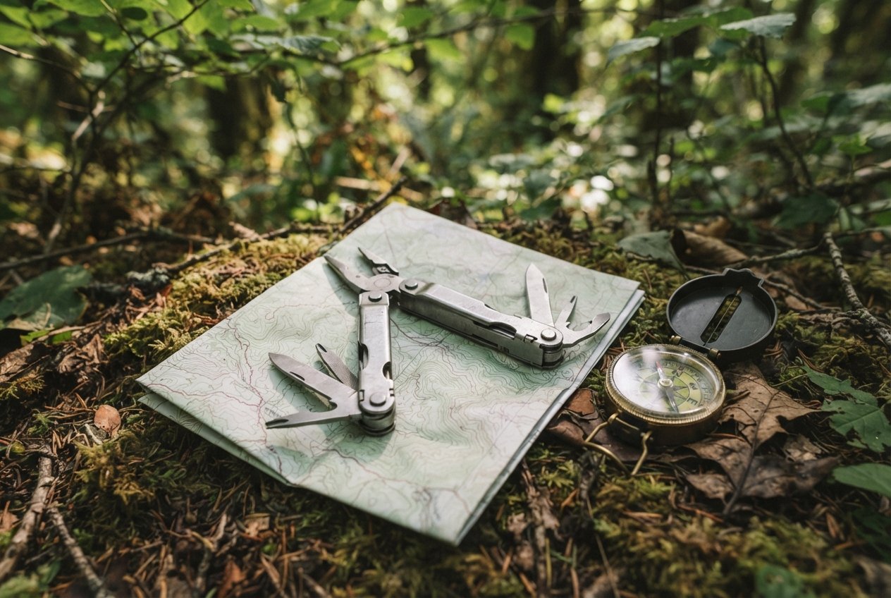 An open multi-tool lying on a map and a compass in a forest.