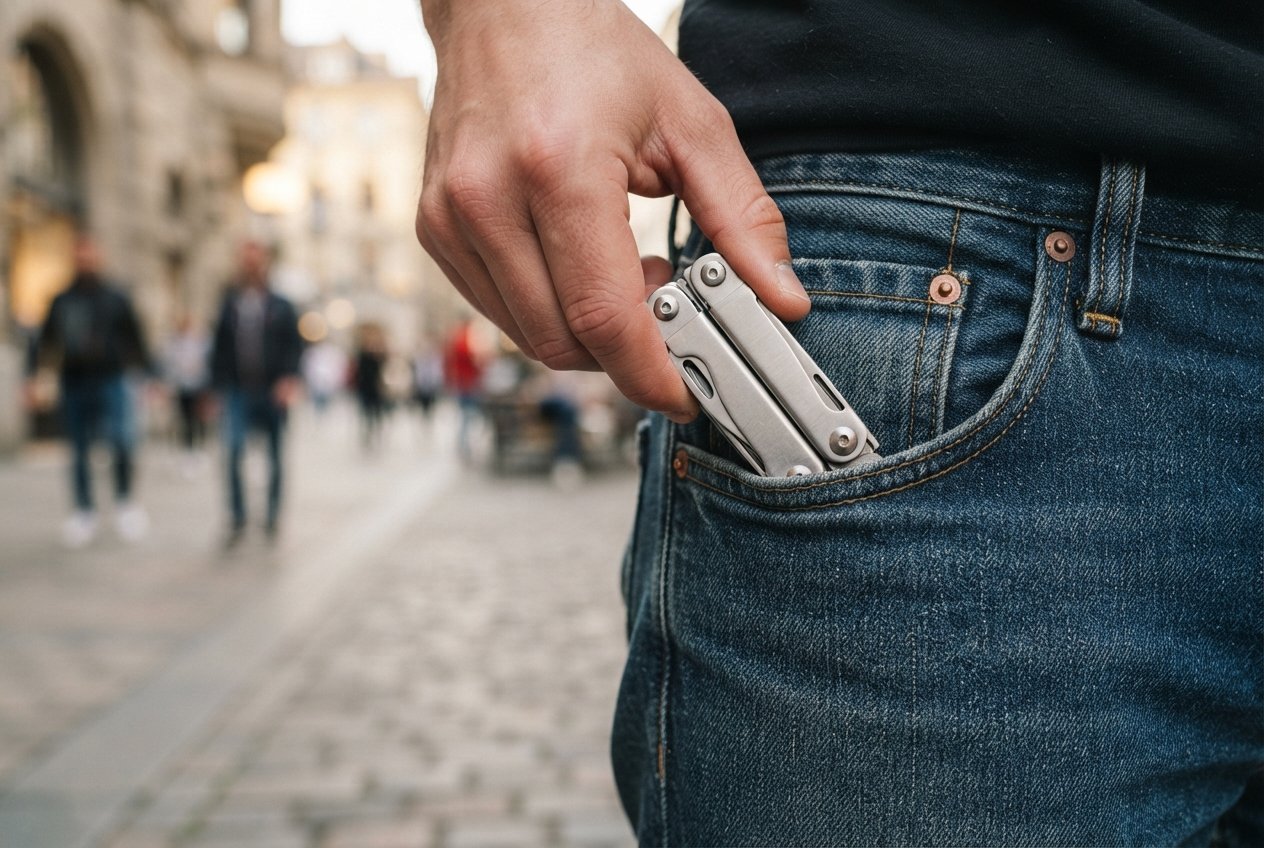 A person taking a metal multi-tool out of their jeans pocket.