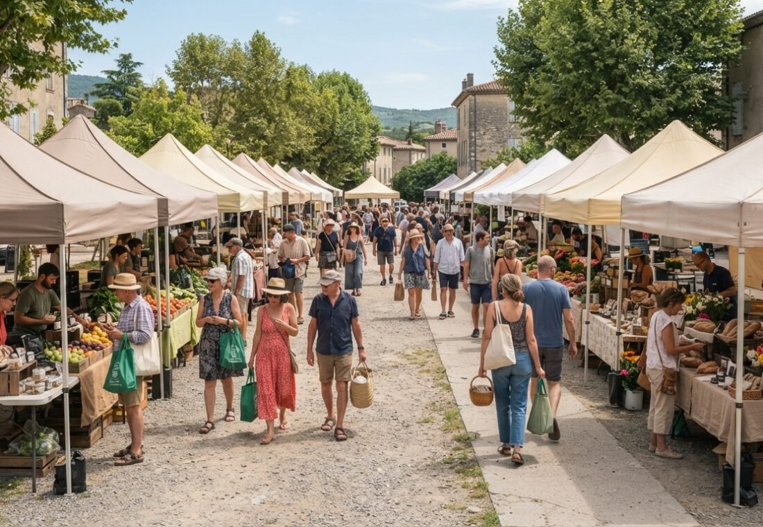 A white pop-up canopy tent set up at a vibrant farmers market on a bright, sunny day.