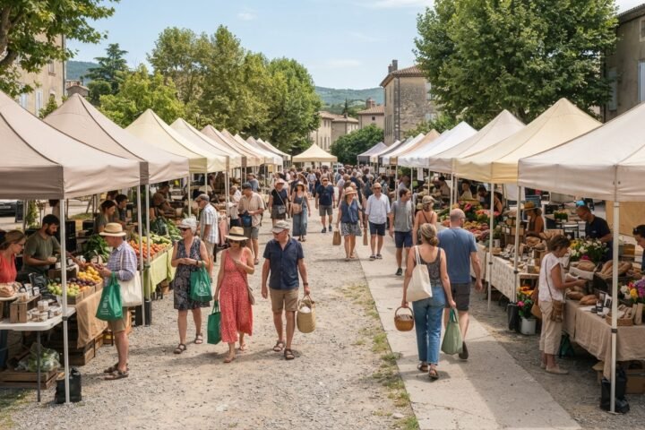 A white pop-up canopy tent set up at a vibrant farmers market on a bright, sunny day.