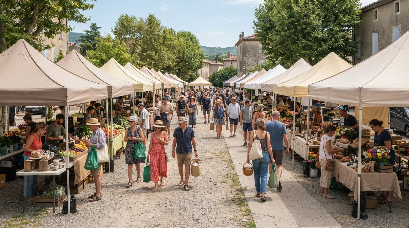A white pop-up canopy tent set up at a vibrant farmers market on a bright, sunny day.