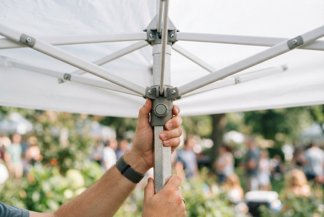 Close-up of hands operating a center-lock mechanism on a canopy frame.