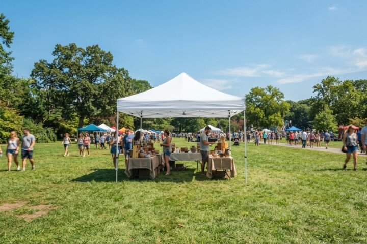 A white pop-up canopy tent set up on a grassy field on a sunny day.