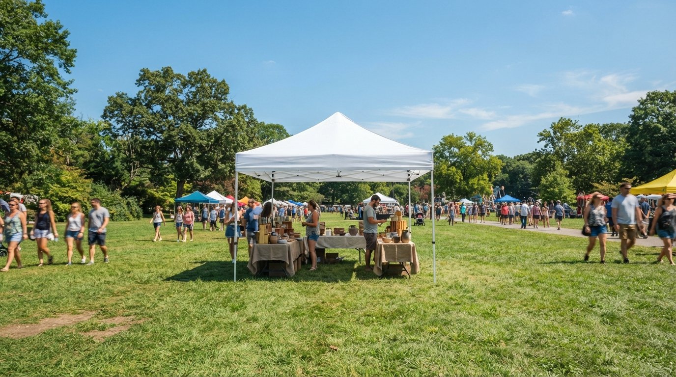 A white pop-up canopy tent set up on a grassy field on a sunny day.
