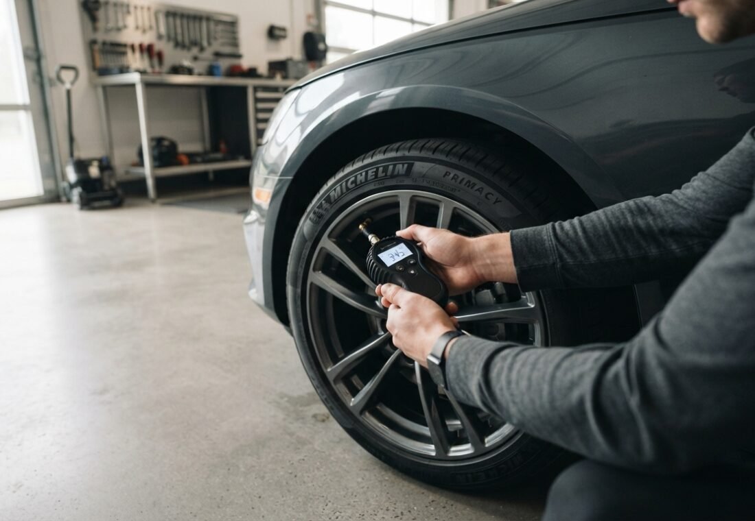 A person checking the air pressure of a car tire with a digital gauge in a bright, clean garage.