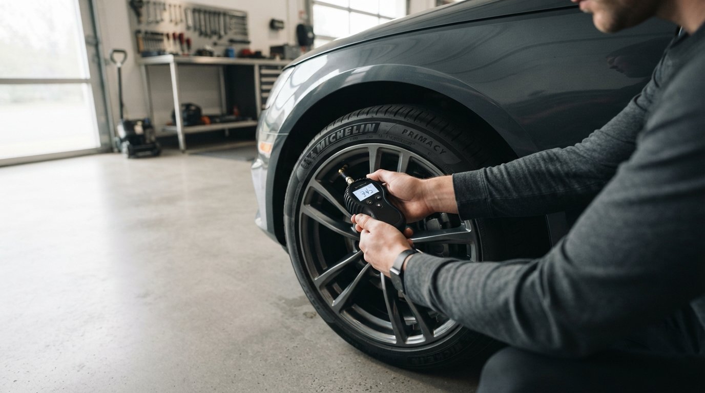 A person checking the air pressure of a car tire with a digital gauge in a bright, clean garage.