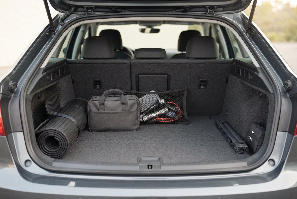 Organized vehicle trunk space with an emergency maintenance kit.