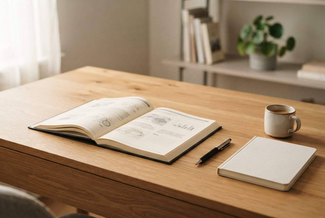 A clean, organized desk with an automotive owner's manual and notebook.