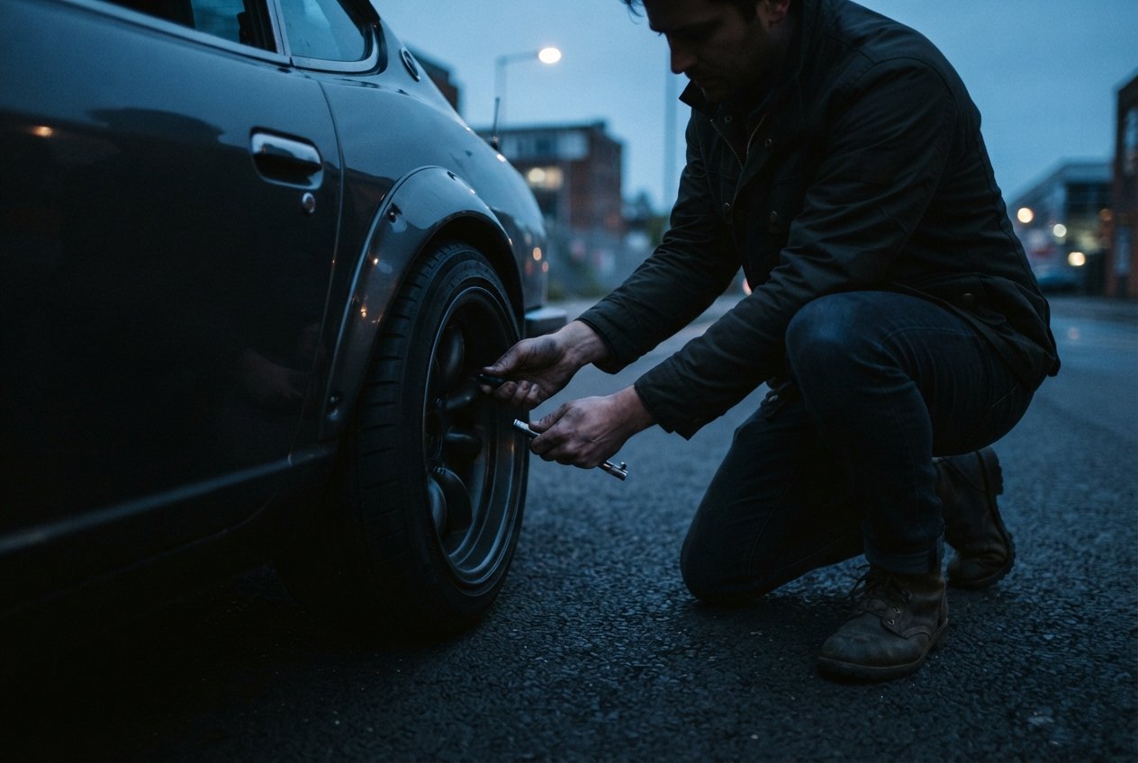 A person preparing to inspect a vehicle tire in outdoor lighting.