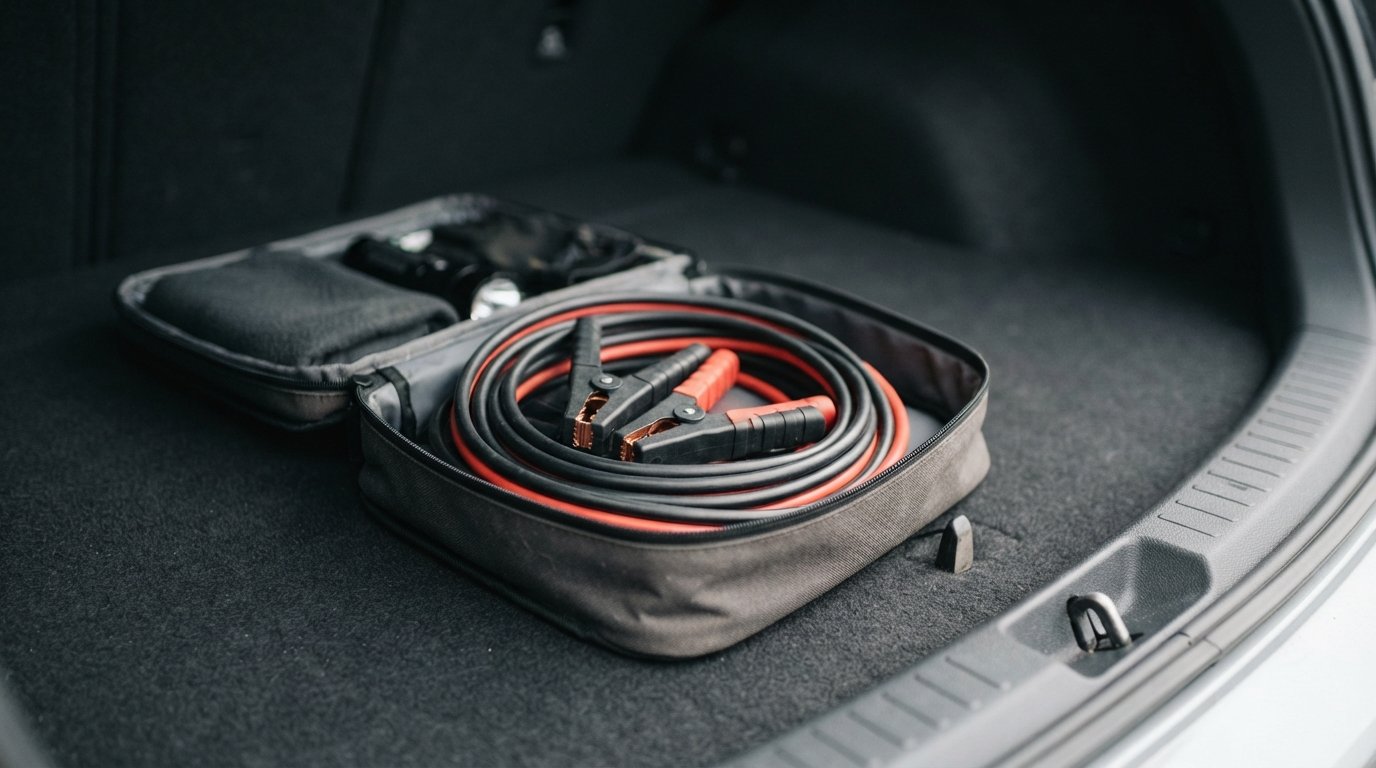 Jumper cables coiled inside a vehicle trunk emergency kit.