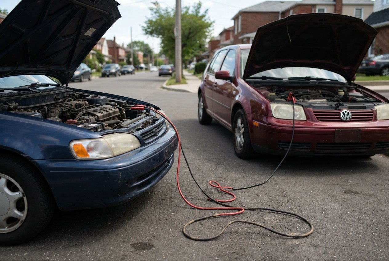 Jumper cables connected between two vehicles during a roadside situation.