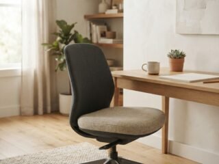 A clean, minimalist home office setup featuring an ergonomic chair and a seat cushion in a bright, modern room.