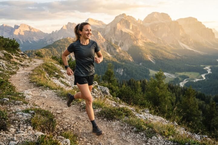An active individual jogging on a scenic trail while wearing a fitness smartwatch.