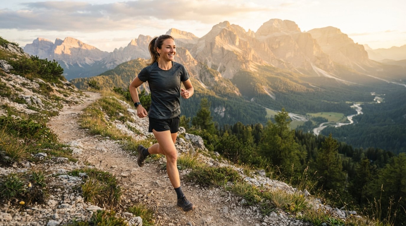 An active individual jogging on a scenic trail while wearing a fitness smartwatch.
