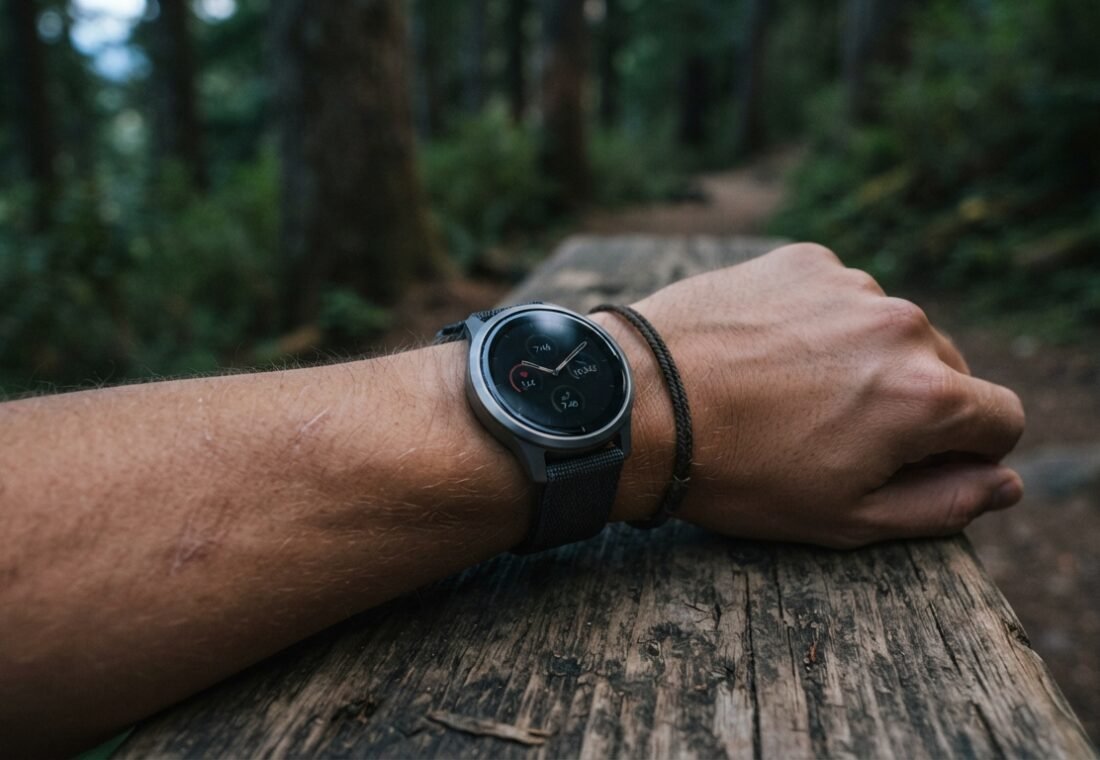 A person wearing a modern GPS smartwatch on their wrist while resting at a trail bench during twilight.