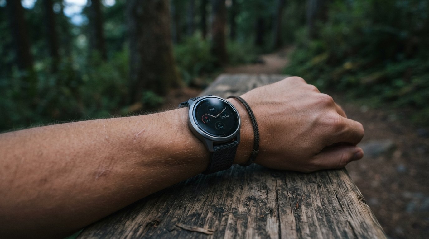A person wearing a modern GPS smartwatch on their wrist while resting at a trail bench during twilight.