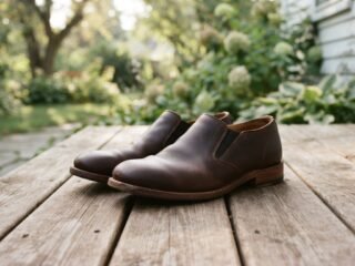 A pair of casual leather slip-on shoes resting on a wooden deck in soft morning light.