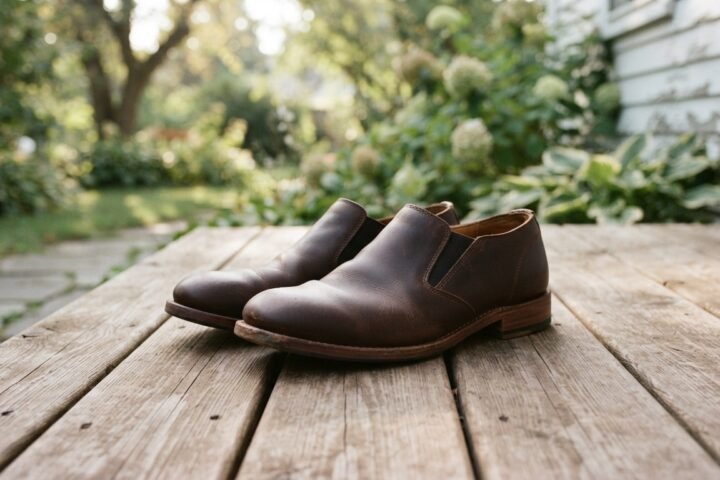 A pair of casual leather slip-on shoes resting on a wooden deck in soft morning light.
