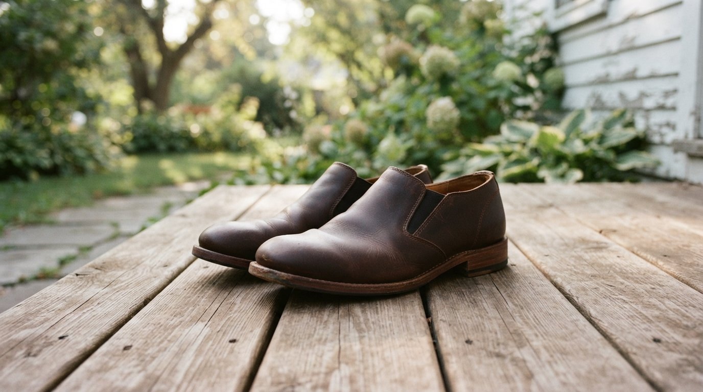 A pair of casual leather slip-on shoes resting on a wooden deck in soft morning light.