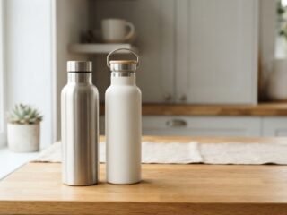 Two insulated water bottles placed on a wooden table.