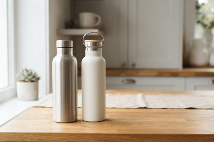 Two insulated water bottles placed on a wooden table.