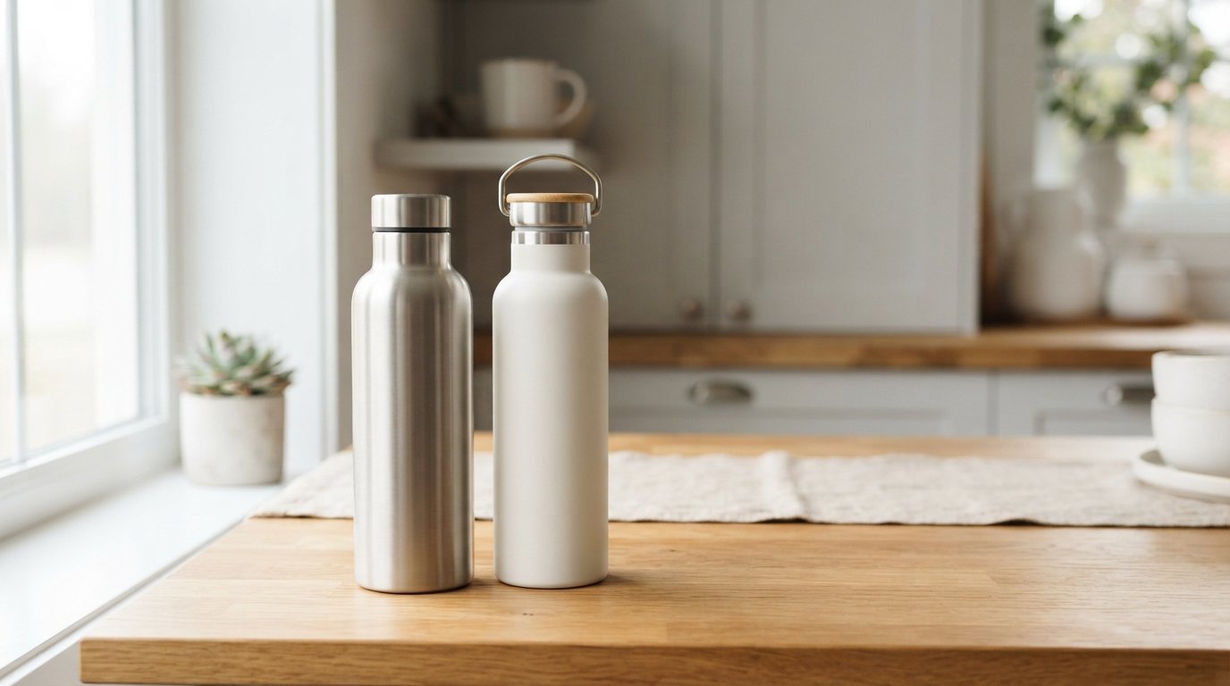 Two insulated water bottles placed on a wooden table.